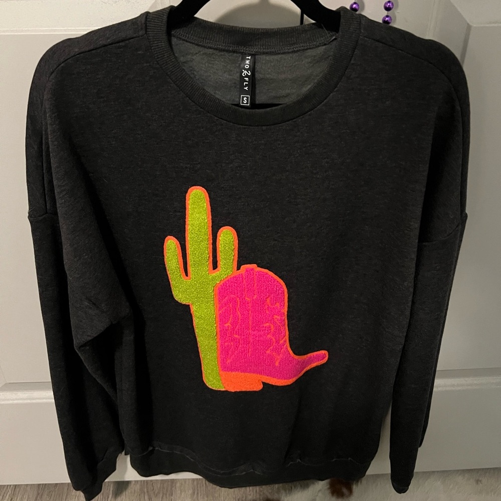 Gray Sweatshirt with Cactus and Boot Design